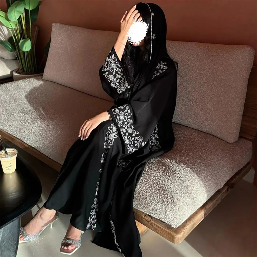 Elegant Ramadan Black Abaya with Gold Embroidery for Women