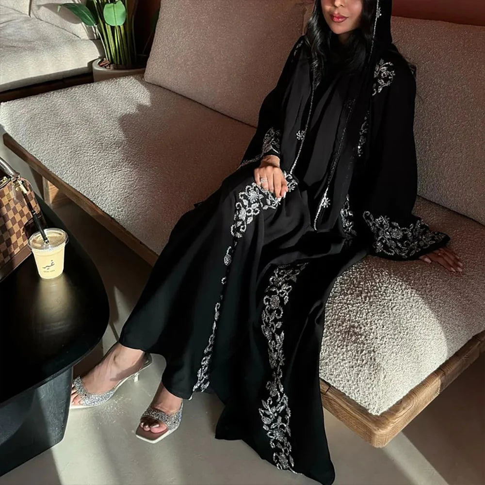 Elegant Ramadan Black Abaya with Gold Embroidery for Women