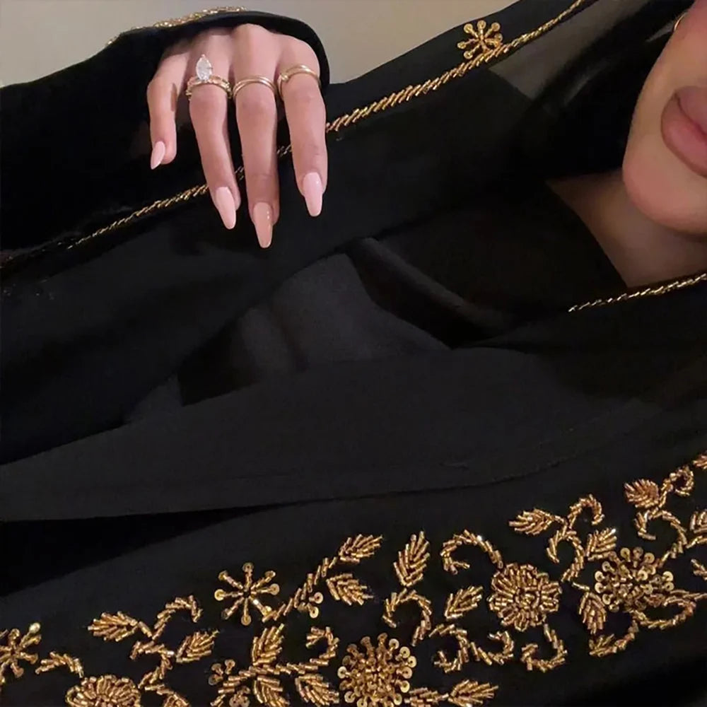 Elegant Ramadan Black Abaya with Gold Embroidery for Women