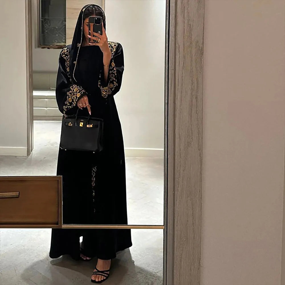 Elegant Ramadan Black Abaya with Gold Embroidery for Women